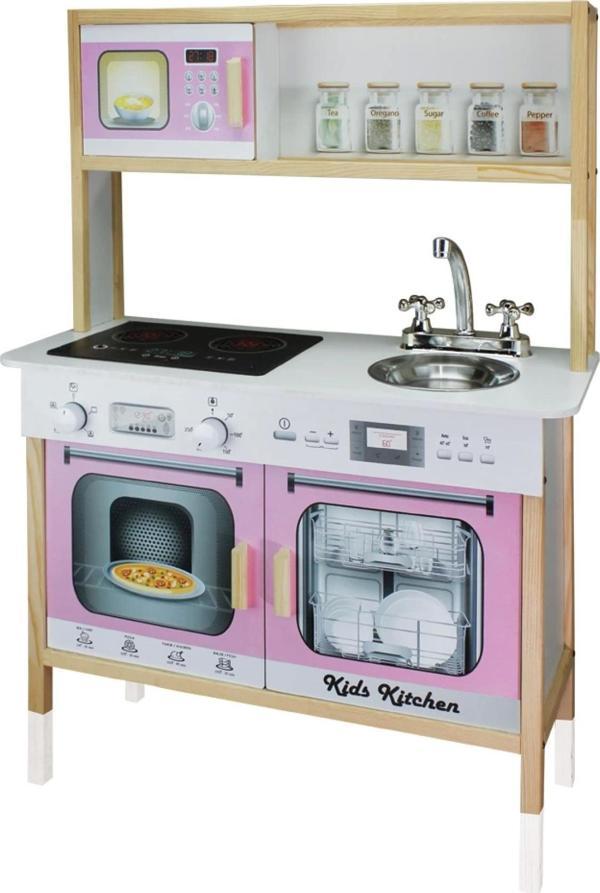 Lüx Işıklı Hamarat Ahşap Mutfak - Ahşap Çocuk Mutfağı - Mutfak Seti - Kapaklı Mutfak - Pembe - Image 1