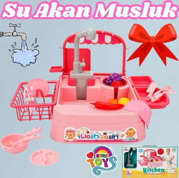 Pembe Su Akıtan Mutfak Lavabosu Seti - Çeşmeli Sesli Lavabo - Mutfak Seti - Su Akan Musluk - Akan Mu - Image 1