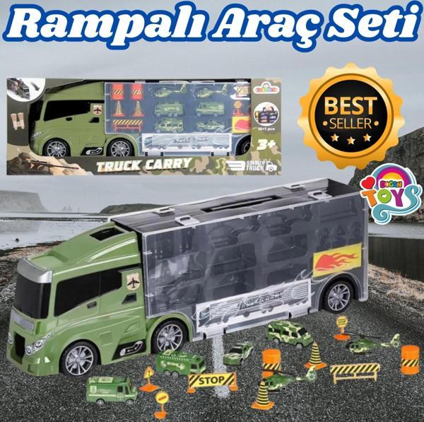 Rampalı Askeri Tır Seti - Askeri Taşıyıcı Tır - Kaydıraklı Kamyon - Araç Yol Seti - Tır Yol Seti - O - Image 1