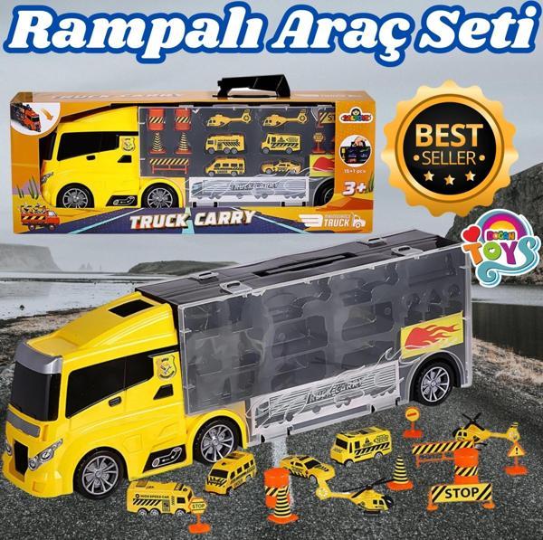 Rampalı İnşaat Tır Seti - İnşaat Taşıyıcı Tır - Kaydıraklı Kamyon - Araç Yol Seti - Tır Yol Seti - O - Image 1