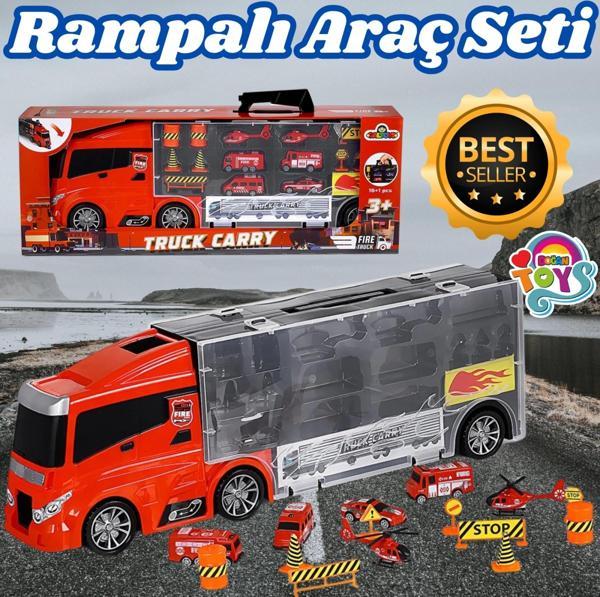 Rampalı İtfaiye Tır Seti - İtfaiye Taşıyıcı Tır - Kaydıraklı Kamyon - Araç Yol Seti - Tır Yol Seti - - Image 1