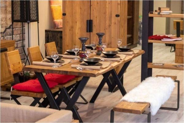NTCollection Masif Ağaç Yemek Masası Takımı - 85 cm - 125 cm Masa + 125 cm Bank + 4 Adet Loft Sandalye - Image 1