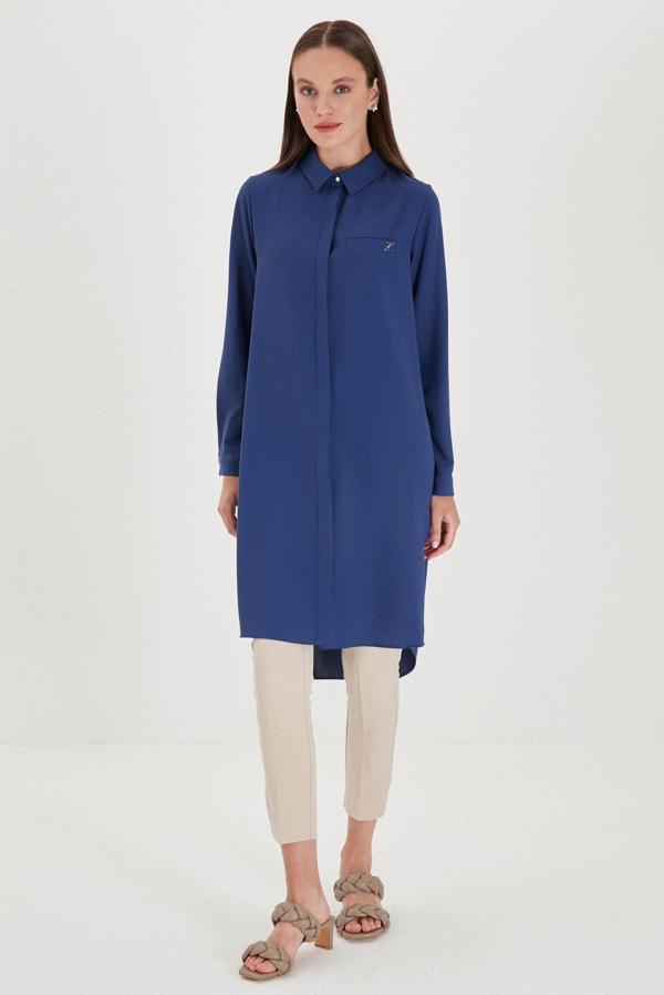 ZÜHRE Gizli Düğme Detaylı Tunik İndigo T-0767 - Image 1