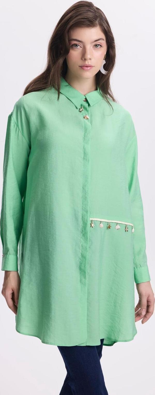 Çakıl Taşlı Gömlek Yaka Yeşil Tunik T-1459 - Image 1