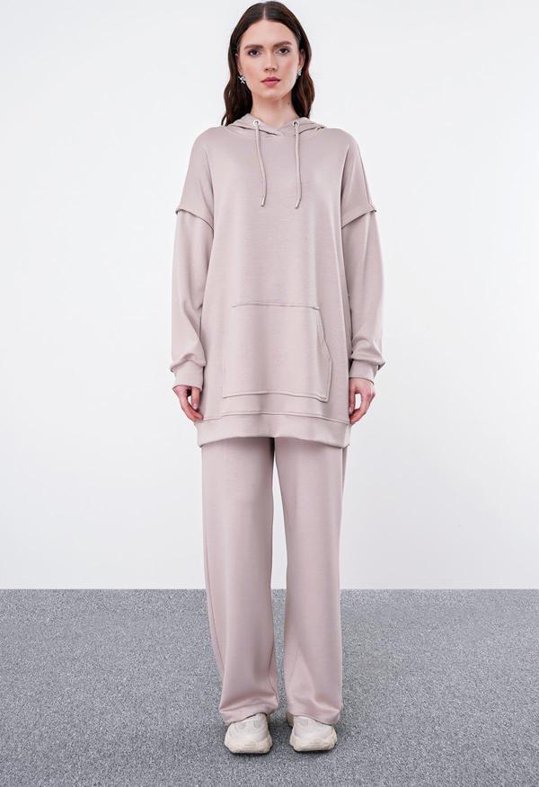 Comfort Kapüşonlu Bej Sweatshirt T-1472 - Image 1