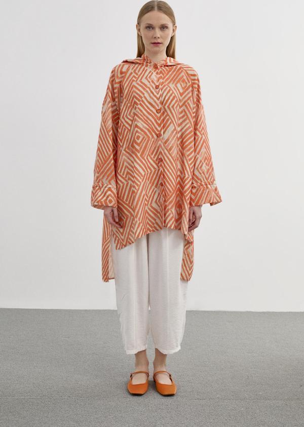 Kapüşonlu Önden Düğmeli Oranj Tunik T-1448 - Image 1