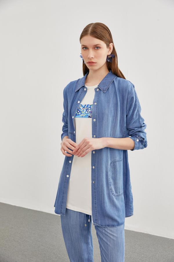 Denim Gömlek Bluz Mavi İkili Takım TK-1254 - Image 1