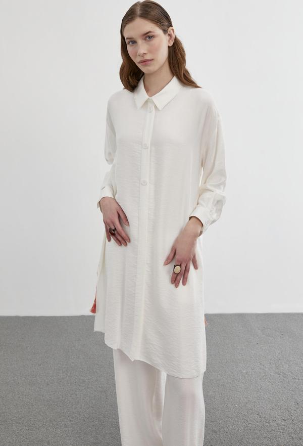 Gömlek Yaka Ekru Uzun İkili Kombin Takım TK-1278 - Image 1