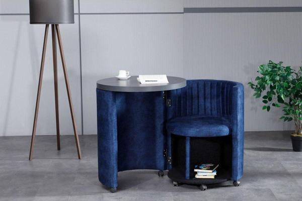 Meşe Home Marvel Tezgahlı Depolama Alanlı Tekerlekli Mavi Nubuk Kumaş Puf - Bench Çalışma Masası 66x66 cm - Image 1