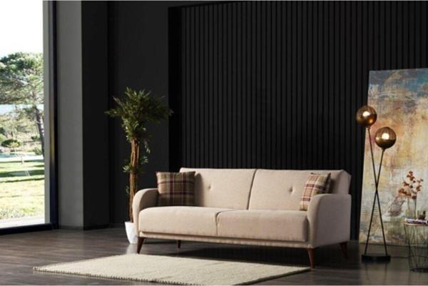 Meşe Home Rinka Süngerli Kollu Bazalı Yataklı Bej Üçlü Koltuk Kanepe Çekyat 82x210 cm - Image 1