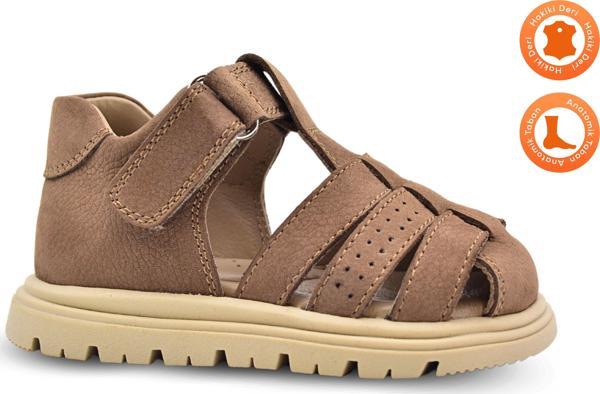 Galler Hakiki Deri Tek Cırtlı Arkası Kapalı Unisex Bebek Sandalet Kum Rengi - Image 1
