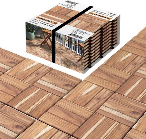 Interbuıld Real Wood Interbuild "Gerçek Tik" Ahşap Karo Deck Yüzeyi Işlenmemiş 30×30 Cm (10'Lu Paket) - 12 Çıtalı - Image 1