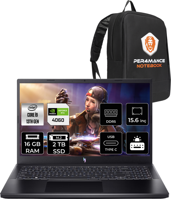 Acer Nitro V15 i9 13900H 16GB 2TB SSD RTX4060/8GB 15.6'' 165Hz FHD FDOS Gaming Laptop & PER4 ÇANTA - Image 1