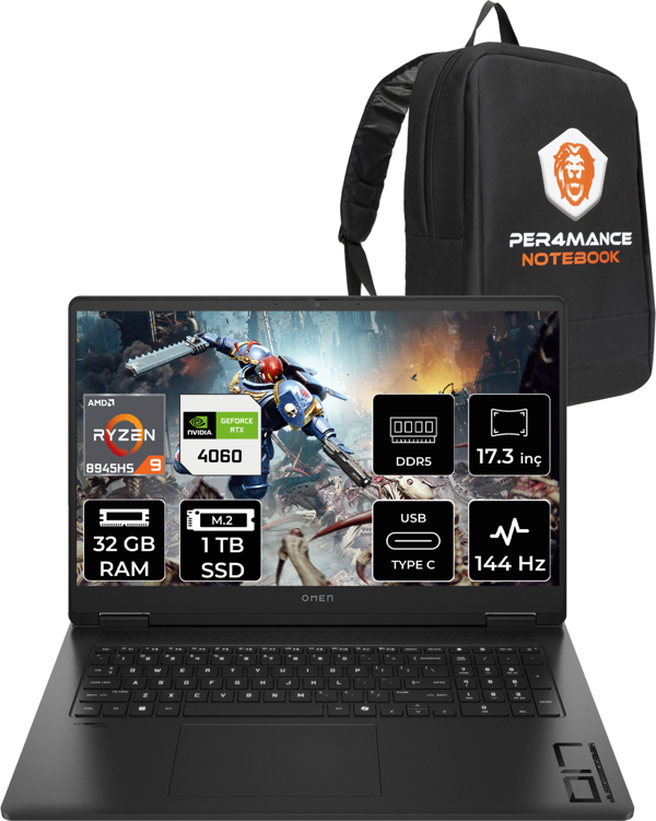 HP OMEN 17 R9 8945HS 32GB RAM 1TB SSD RTX4060/8GB 144Hz 17.3'' FHD FDOS Gaming Laptop & PER4 ÇANTA - Image 1