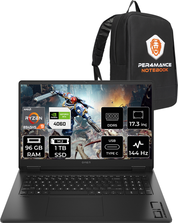HP OMEN 17 R9 8945HS 96GB RAM 1TB SSD RTX4060/8GB 144Hz 17.3'' FHD FDOS Gaming Laptop & PER4 ÇANTA - Image 1