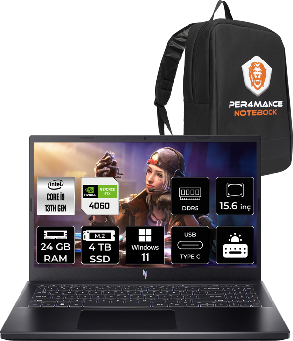 Acer Nitro V15 i9 13900H 24GB 4TB SSD RTX4060/8GB 15.6'' 165Hz FHD W11H Gaming Laptop & PER4 ÇANTA - Image 1
