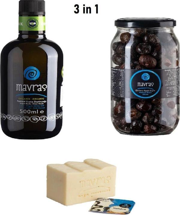 Mavras Organik Natürel Sızma Zeytinyağı 500 Ml Ve Siyah Sele Zeytin 750 Gr Ve Kolajen Zeytinyağı Sabunu - Image 1