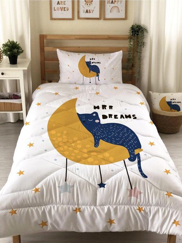 Uykucu Kedi Desenli Kapitone Yorgan,tek Kişilik Uyku Seti - Image 1