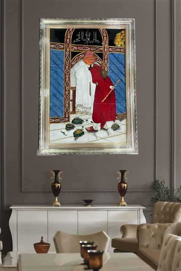 Eporselen El Yapımı Kaplumbağa Terbiyecisi Motifli Çini Duvar Tablosu (40 Cm X 60 Cm) - Image 1
