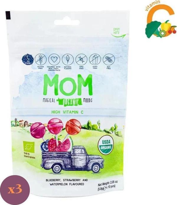 Mom Organik Lolipop (Çilek, Karpuz, Yaban Mersini Ve C Vitamini) 3'Lü Paket - Image 1