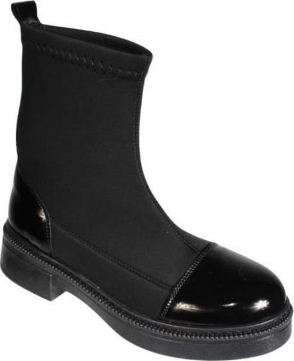 YAZKIŞ Kadın Siyah Streç Önü Rugan 13cm Bilek Boyu Düz Taban  Bot - Image 1