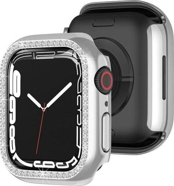 Apple Watch 7 8 9 44mm Uyumlu Tek Sıra Parlak Taşlı Rubber Kasa Kapak - Image 1