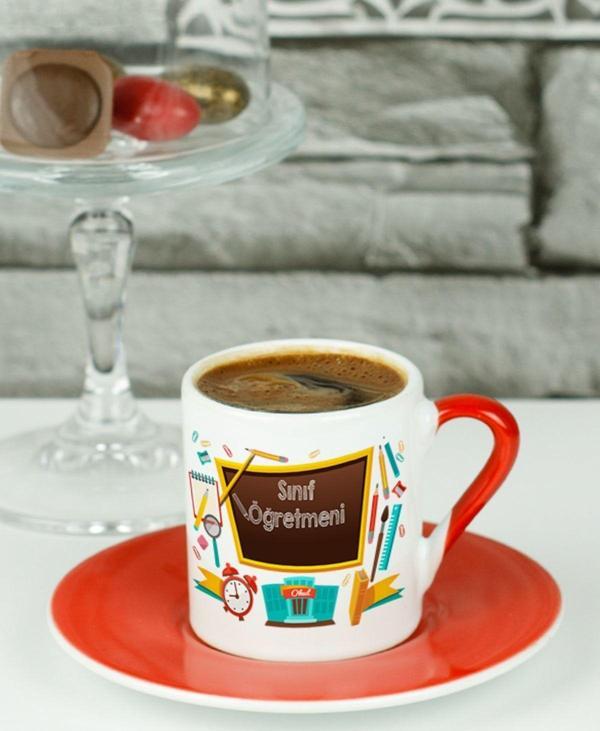 Hediyelen Sınıf Öğretmeni Türk Kahvesi Fincanı Kırmızı - Image 1