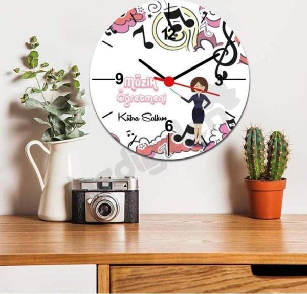 Hediyelen Müzik Öğretmenine Hediye Pembe Tasarım Duvar Saati - Image 1