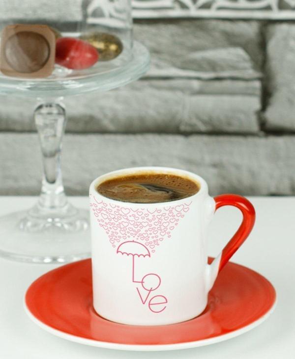 Hediyelen Love Şemsiye Tasarımlı Türk Kahvesi Fincanı Kırmızı - Image 1