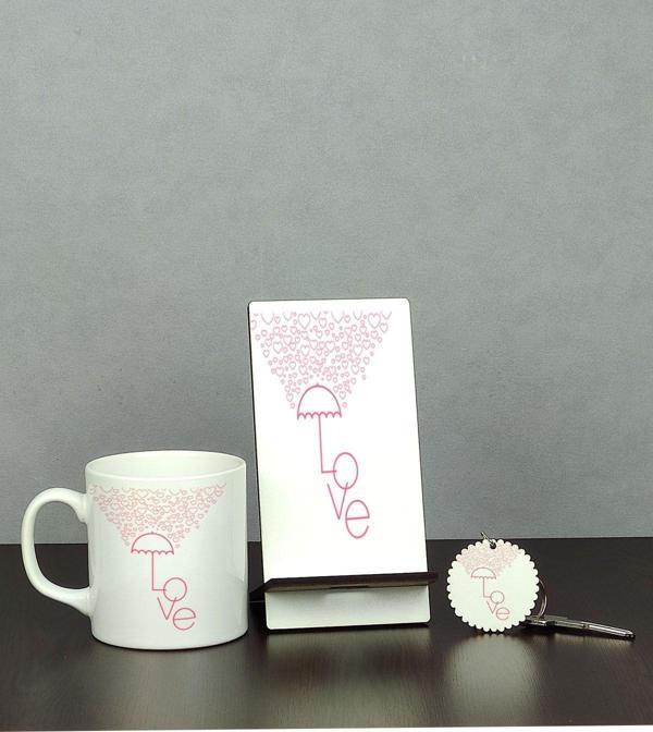 Hediyelen Love Şemsiye Tasarımlı Üçlü Set (Kupa + Telefon Standı + Anahtarlık) - Image 1