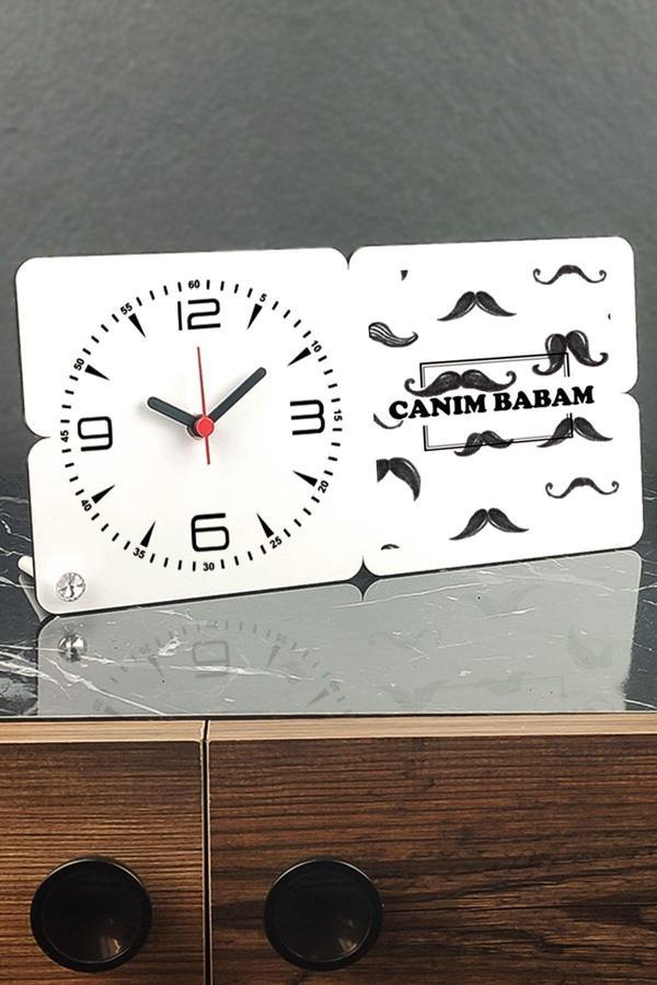Hediyelen Canım Babam Bıyık Tasarım Ahşap Masa Saati - Image 1