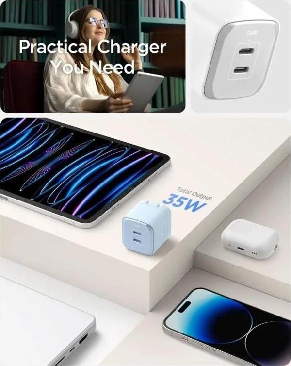 Spigen GaN III 352 35W 2 Bağlantı Noktalı Kompakt Katlanabilir Çift USB C Duvar Şarj Cihazı PD PPS B - Image 1