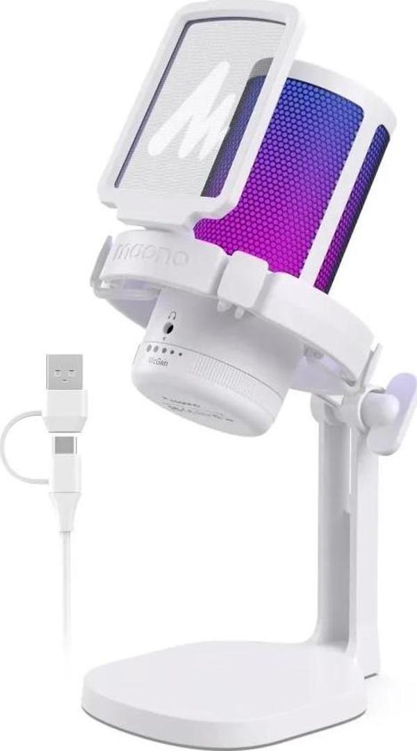 MAONO USB RGB Işıklı Kondenser Oyun Mikrofonu White - Image 1