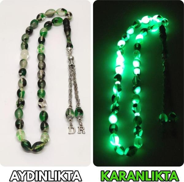 Tesbih Sakarya Kişiye özel Harfli - Parçalı Fosforlu Kedigözü - Toz Kehribar Tesbih / Tespih - Image 1