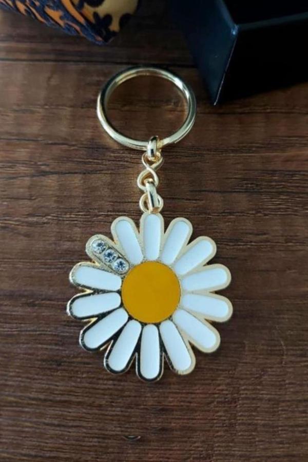 Taşlı Papatya Metal Anahtarlık Hediyelik Anahtarlık Çanta Aksesuarı - Image 1