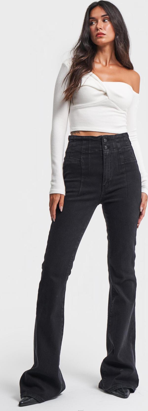 Kadın Siyah Renk Yüksek Bel Likralı Kumaş Flare Fit Denim - Image 1