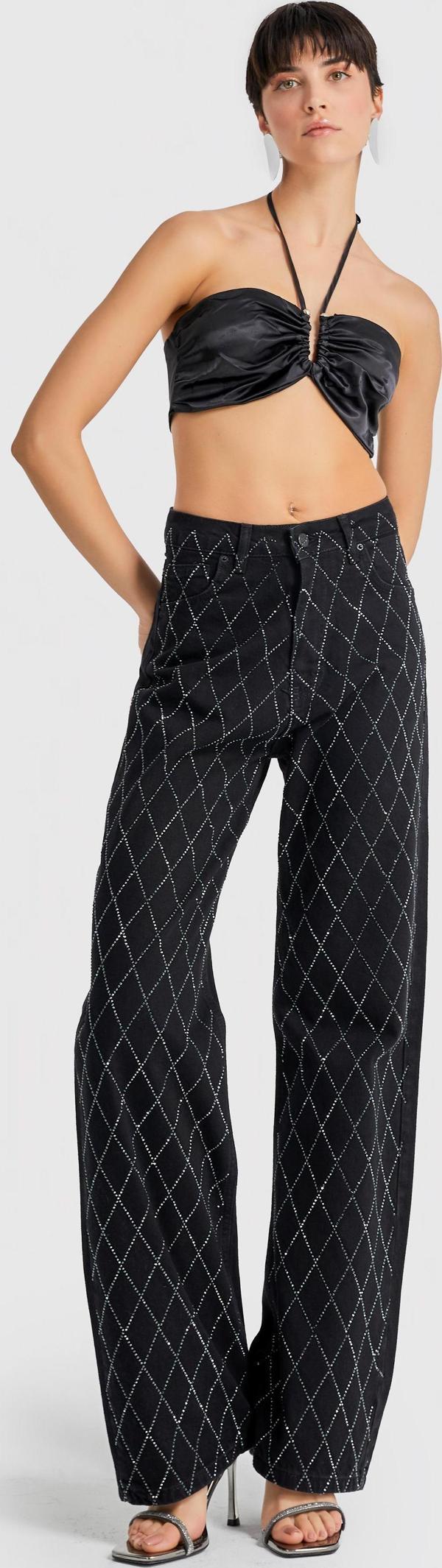 Kadın Siyah Renk Önü Komple Taşlı Straight Fit Orta Bel Denim - Image 1