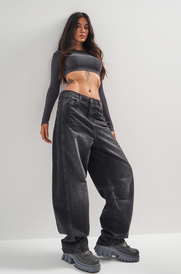 Kadın Koyu Füme Renk Baggy Fit Bol Kesim Denim - Image 1