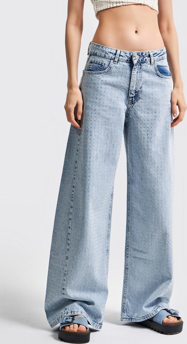 Kadın Mavi Renk Önü Ful Parlak Taşlı Palazzo Fit Denim - Image 1