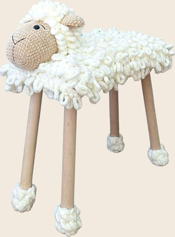 Reyo Hayvan Figürlü Ahşap Amigurumi Çocuk Taburesi Bench Kuzu - Image 1