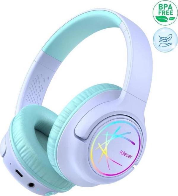 iClever Led Işıklı Güvenli Ses Sınırlı 45 Saat Oynatma Süreli Bluetooth Çocuk Kulaklığı Lila - Image 1