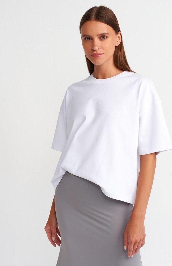 Dilvin Kadın Oversize Kısa Kollu Pamuklu Beyaz T-shirt - 31017 - Image 1