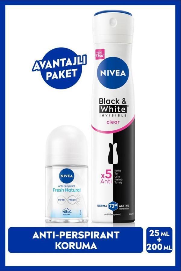 Kadın Sprey Deodorant Black&White Invisible Clear200ml ve Mini Roll-on Fresh Natural 25ml,Ter Koruma - Image 1