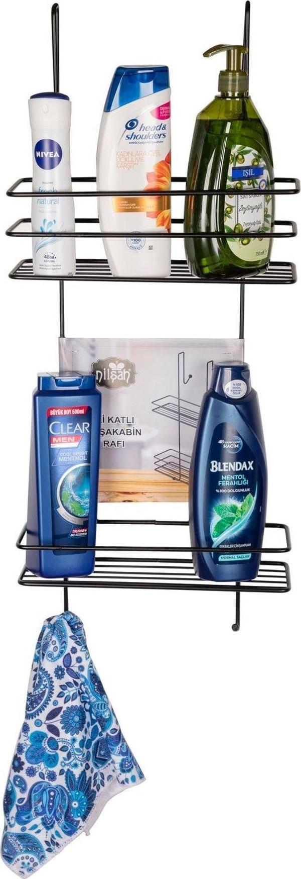 Nilşah 2 Katlı Siyah Duşakabin Banyo Askılığı Şampuanlık - Image 1