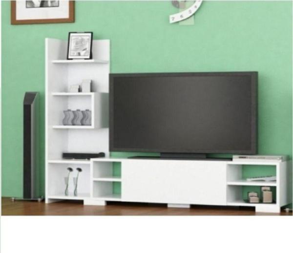 Bmdekor Tv Ünitesi Perde Kitaplıklı Beyaz 120 Cm - Image 1