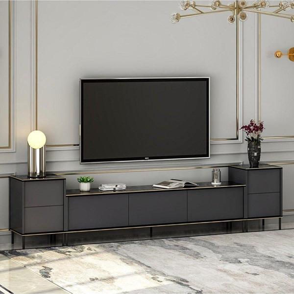 Meltem Çelik - Bmdekor Tv Sehpası Kozan Set Antrasit Mermer Desen 260 Cm - Image 1