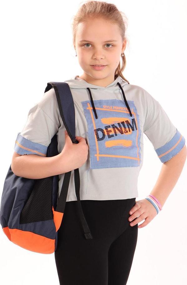 Toontoy Kız Çocuk Denım Baskılı Kapüşonlu Tişört - Image 1