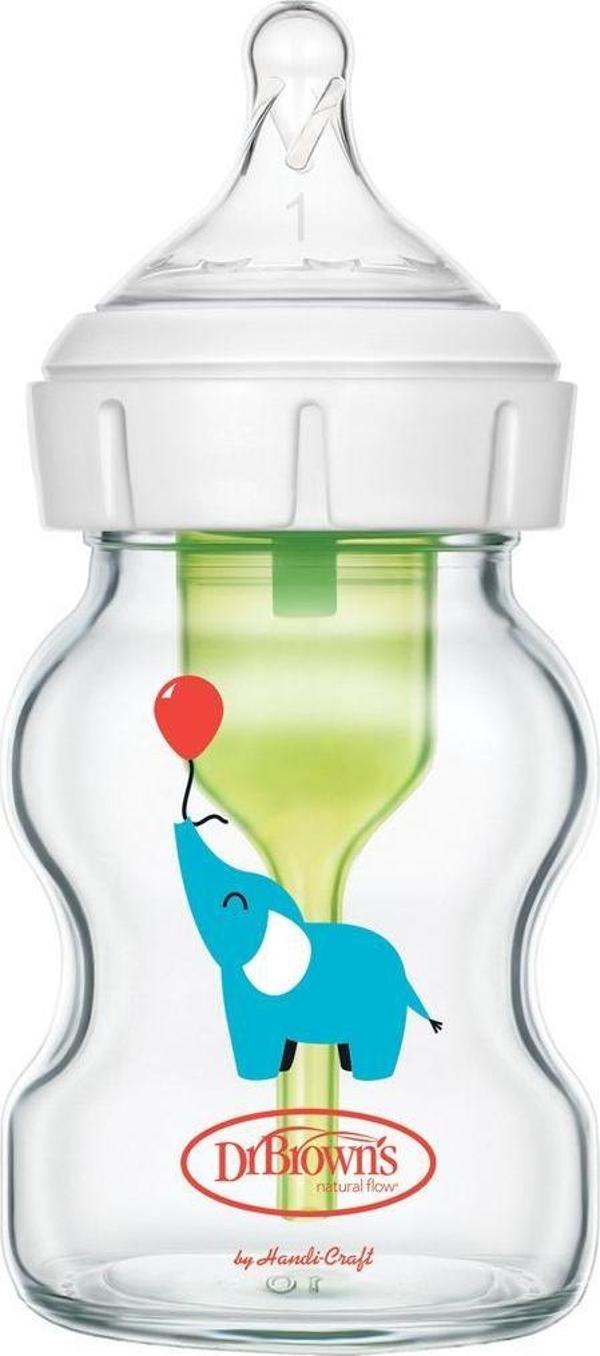 Dr. Browns Geniş Ağız Anti-Kolik Cam Biberon 150 ml Fil Desenli  - Image 1