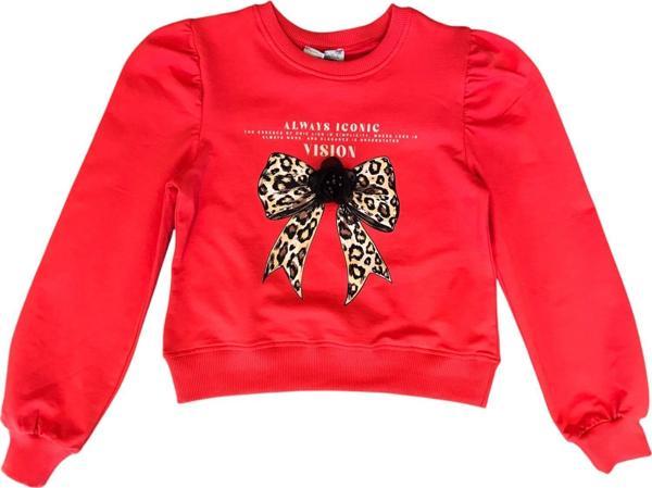 Kız Çocuk Leopar Çiçek Aksesuarlı Sweatshirt - Image 1
