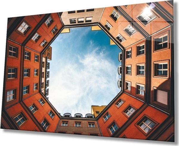 İdealizbiz Geometrik Şekilli Turuncu Bina Cam Tablo, Ev Ve Ofis Duvar Dekoru Hediyelik, Temperli Dayanıklı Cam - Image 1